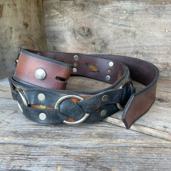 Vintage Biker Motorcycle Belt Leather Strap Black /  Brown with Rings & Rivets - Picture 10 of 14